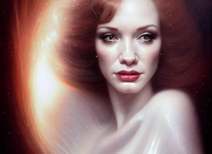 Image similar to portrait shot of christina hendricks in bladerunner wearing a white dress, intricate, elegant, highly detailed, centered, digital painting, artstation, concept art, smooth, sharp focus, illustration, artgerm, tomasz alen kopera, peter mohrbacher, donato giancola, joseph christian leyendecker, wlop, boris vallejo