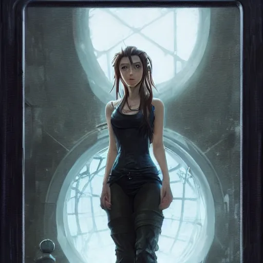 Image similar to Portrait of Aerith Gainsborough by Greg Rutkowski. She is hiding from a Shinra robot in the Reactor Core by Mark Arian. It is dark and stark and industrial by H.R. Giger. soft render, octane, highly detailed painting by Moebius. artstation Blank Canvas Scene by Tetsuya Nomura.