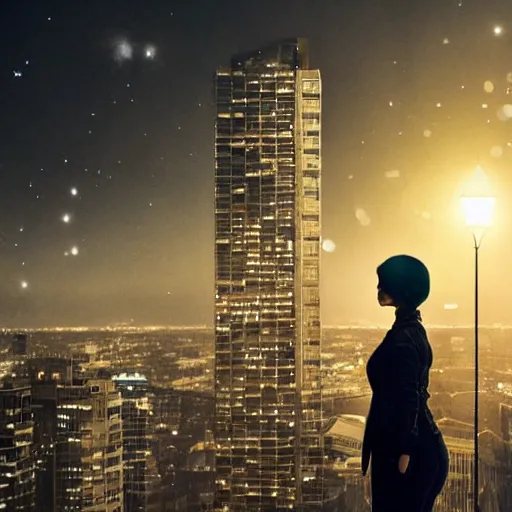 Image similar to A woman stands on the top of a tall building, looking out over the cityscape, the lights twinkling in the darkness, as she wonders what her life will be like from now on, in a post-apocalyptic world