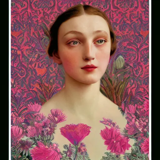 Prompt: a lot of flowers patterns morphing in a beautiful girls face, baroque wallpaper, film still by wes anderson, depicted by balthus, limited color palette, very intricate, art nouveau, highly detailed, lights by hopper, soft pastel colors, minimalist