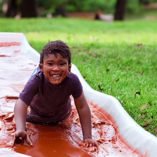 Image similar to kid sliding down chocolate pudding slip n slide head first, professional photo taken at the park