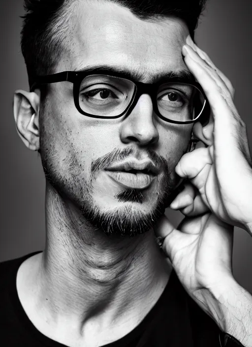 Prompt: black and white profile photo, studio photograph of a male symmetrical handsome andrea belluci wearing glasses the painter artist, casual clothes, anxiety and depression, intricate, elegant, highly detailed, hyper realistic, dark background, flickr, smooth, sharp focus, shot by canon