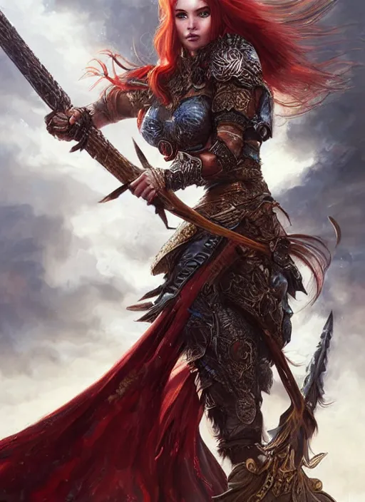 Image similar to a beautiful female warrior, 8 k, hyperrealistic, red hair, dragon slayer, hyperdetailed, fantasy portrait by laura sava