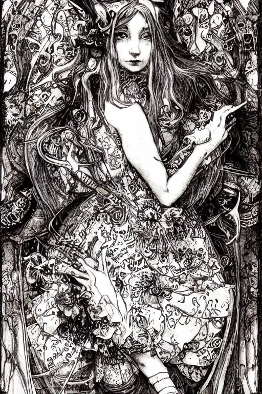 Image similar to Hippy Alice in wonderland tarot card , pen and ink, intricate line drawings, by Yoshitaka Amano, Ruan Jia, Kentaro Miura, Artgerm, watercolor