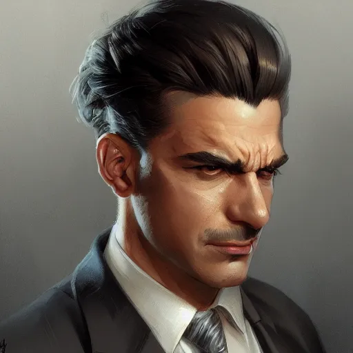 Prompt: mob boss, headshot, painted character portrait, highly detailed, digital painting, artstation, concept art, sharp focus, illustration, art by artgerm and greg rutkowski and alphonse mucha