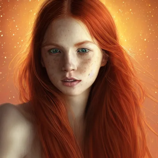 Image similar to highly detailed portrait of a red haired girl, long hair, green eyes, hint of freckles, beautiful round face, soft amazed smiles, among golden fireflies, deep focus, elegant, digital painting, smooth, sharp focus, golden ratio, illustration, ultra realistic, 8 k, art by artgerm and caravaggio