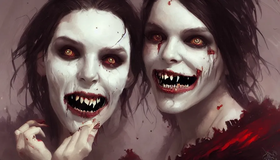 Image similar to A beautiful painting of Josie Maran as a undead smiling fanged vampire by greg rutkowski and Kalin Popov , Trending on artstation HD.