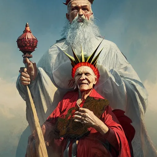 Image similar to An elderly orthodox patriarch as a Lady Liberty riding the red dragon of china, highly detailed, digital painting, artstation, concept art, smooth, sharp focus, illustration, art by artgerm and greg rutkowski and alphonse mucha