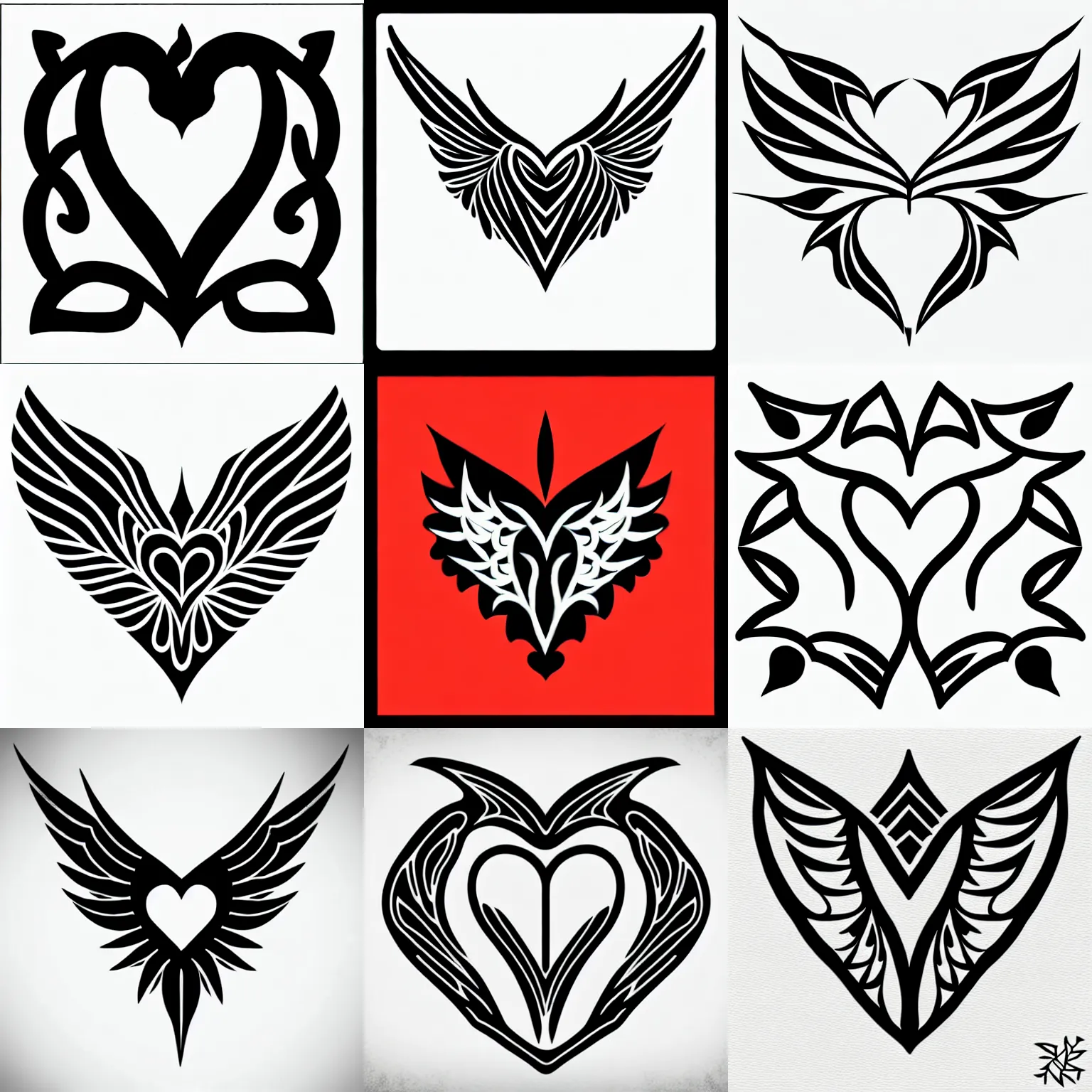 Prompt: tattoo design, isometric Winged-thorny-heart fractal, simple design on white background, clean black pen drawing, a fancy square tile