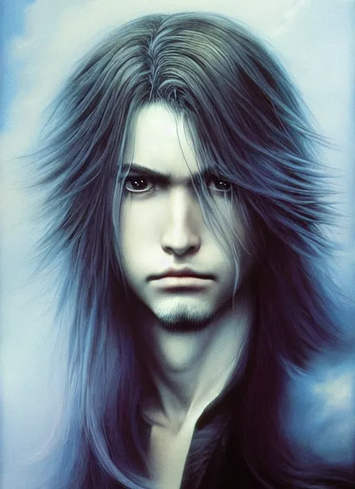 Image similar to beautiful matte airbrush portrait of a final fantasy inspired face with very long hair and sad eyes crying on a white background, 8 0's airbrush aesthetic, art by pater sato, ayami kojima and yoshitaka amano