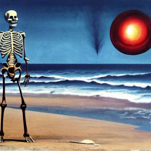 Prompt: a skeleton walking on a beach next to the ocean with nuclear bomb explosion in the background, a surrealist painting by Storm Thorgerson, featured on cg society, matte painting, naturalism, chillwave, anatomically correct