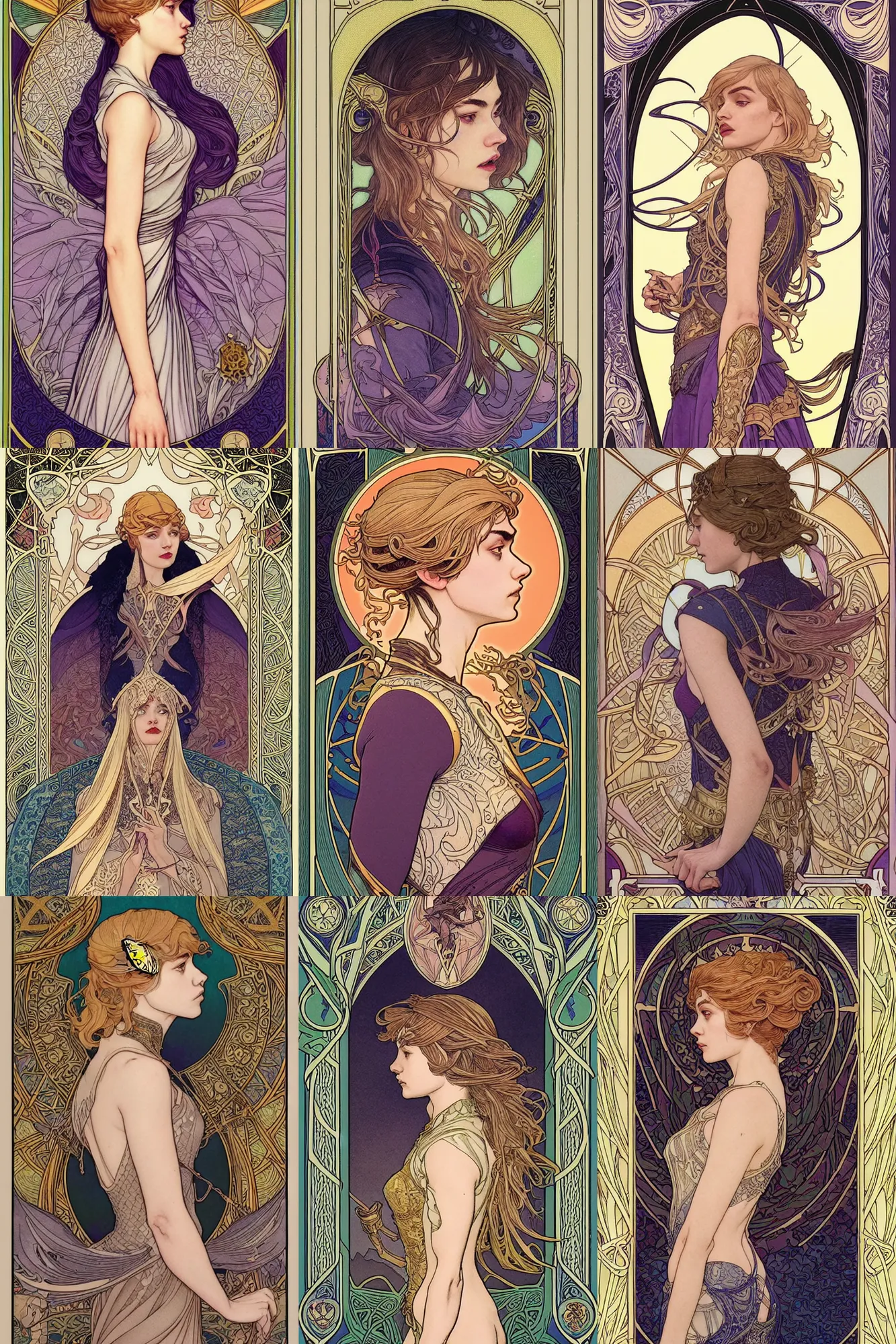 Prompt: side profile artwork, imogen poots paladin, by martine johanna, artgerm, yoann lossel, jakub rebelka. art nouveau neo - gothic tarot card by mucha. dota. swirly intricate linework background. gaudy colors, sharp edges. ultra clear detailed. 8 k. elegant. octane render