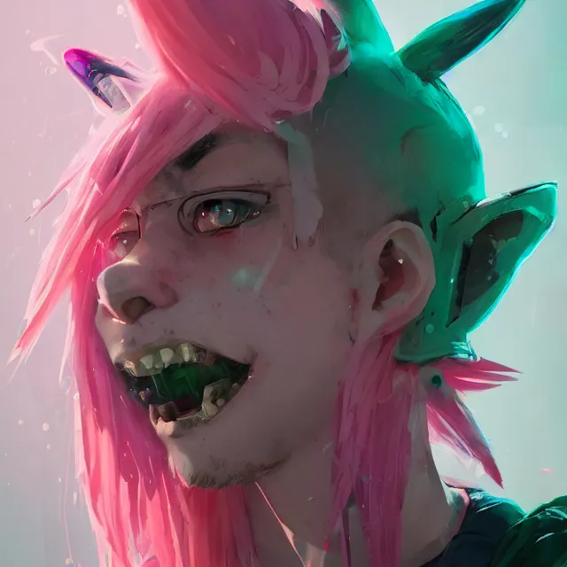 Image similar to a beautiful headshot portrait of a cute anime male boy with pink hair and pink wolf ears and green eyes wearing cyberpunk clothes. character design by cory loftis, fenghua zhong, ryohei hase, ismail inceoglu and ruan jia. artstation, volumetric light, detailed, photorealistic, fantasy, rendered in octane