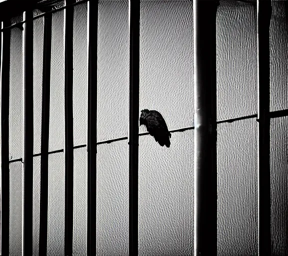 Prompt: Joachim Brohm photo of 'golden eagle behind jail bars', high contrast, high exposure photo, monochrome, DLSR, grainy, close up