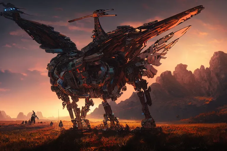 Prompt: glinthawk machine mecanical creature robot of horizon forbidden west horizon zero dawn radiating a glowing aura global illumination ray tracing hdr fanart arstation by ian pesty and alena aenami artworks in 4 k