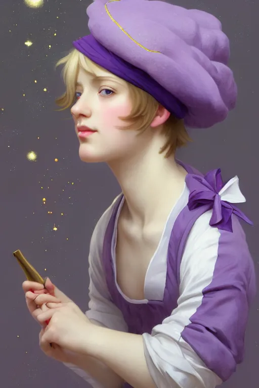 Image similar to Full View girl with short blond hair wearing an oversized purple Beret, Baggy Purple overall shorts, Short Puffy pants made of silk, silk shoes, a big billowy scarf, Golden Ribbon, and white leggings Covered in stars. Short Hair. masterpiece 4k digital illustration by Ruan Jia and Mandy Jurgens and Artgerm and william-adolphe bouguereau, award winning, Artstation, art nouveau aesthetic, Alphonse Mucha background, intricate details, realistic, panoramic view, Hyperdetailed, 8k resolution, intricate art nouveau