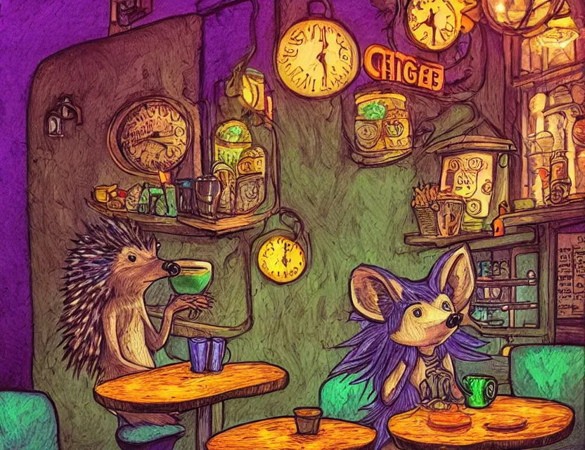 Prompt: hedgehog witch in a seedy cafe. complementary colors, copic markers, indie concept art, bloom, chiaroscuro, backlighting, intricate details.