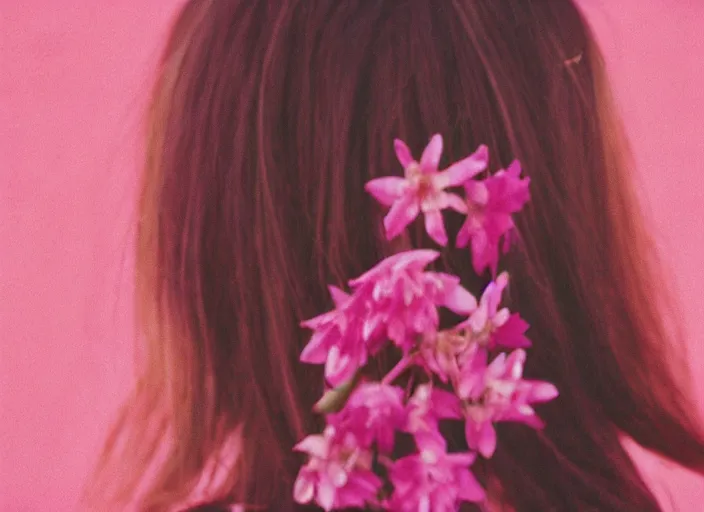 Image similar to extra close-up, color film photography, the back of a woman\'s head with interwoven flowers against a pink wall, daylight, 35mm