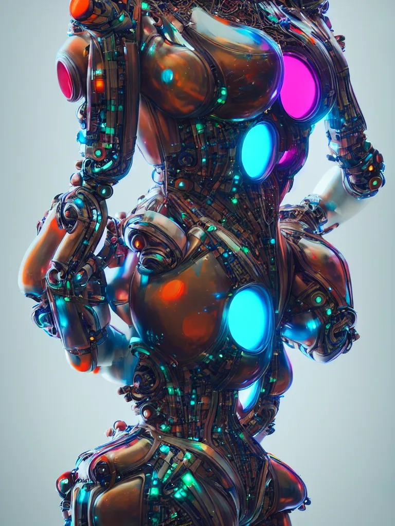 Image similar to full lenght shot woman in biomechanical dress, inflateble shapes, wearing epic bionic cyborg implants of different colors, masterpiece, intricate, biopunk futuristic wardrobe, highly detailed, artstation, concept art, background galaxy, cyberpunk, octane render