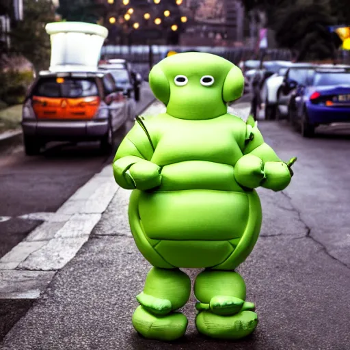 Prompt: michelin man alien on a su urban street at dawn