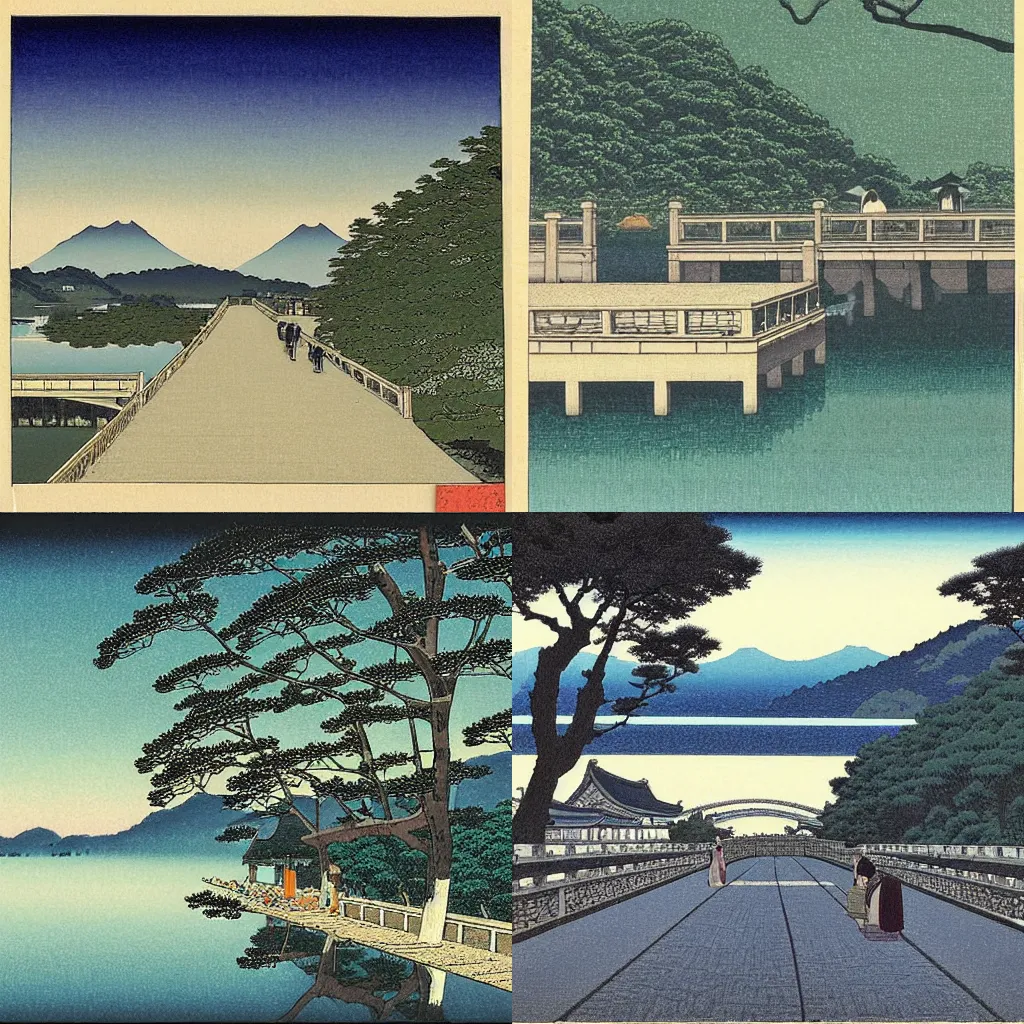 Prompt: The road to bridge in west lake, Hasui Kawase