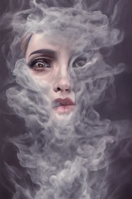 Prompt: surreal distorted detailed painting of a woman made of cloudy smoke, hyper detailed, trending on Artstation