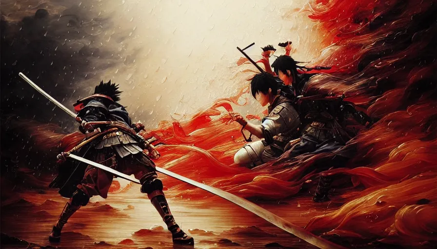 Image similar to baroque oil painting of key visual great samurai war, many warriors, rain, romantic, storm, final fantasy, akira kurosawa, fake detail, trending pixiv fanbox, acrylic palette knife, style of makoto shinkai takashi takeuchi yoshiyuki sadamoto greg rutkowski chiho aoshima, artstation, manga