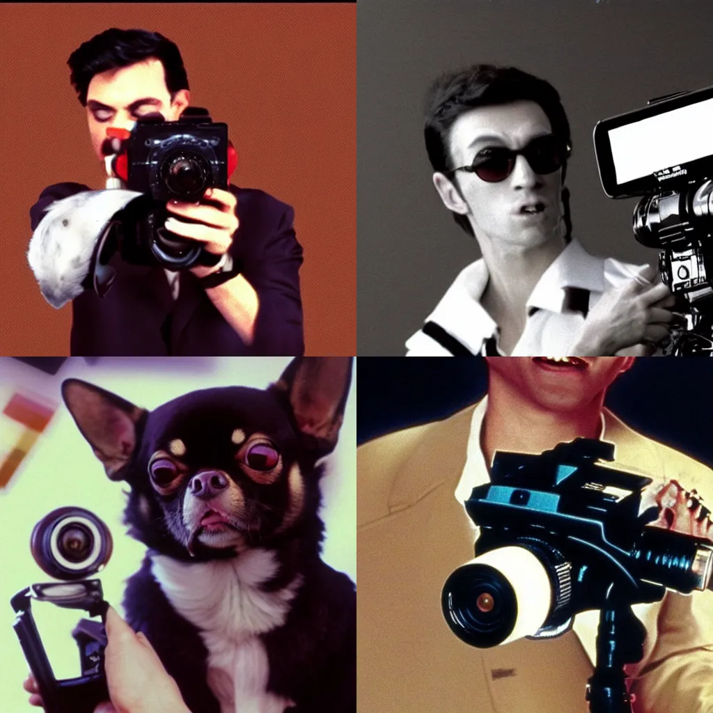 Prompt: harry macguire holding a video camera, filming lots of vampire chihuahuas, photorealistic, 1990s videocam aesthetic, analog glitch