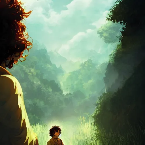 Image similar to Director Peter Jackson as Frodo Baggins, Frodo with Director Peter Jackson's beard ambient lighting, 4k, anime key visual, lois van baarle, ilya kuvshinov, rossdraws, artstation