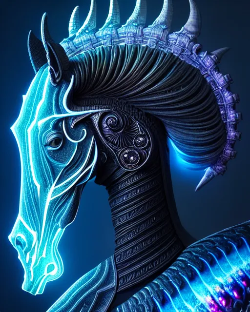 Image similar to 3 d ornate carved dark cosmic horse with profile portrait, sigma 5 0 0 mm f / 5. beautiful intricate highly detailed horse skull. bioluminescent, plasma, lava, ice, water, wind, creature, thunderstorm! artwork by tooth wu and wlop and beeple and greg rutkowski, 8 k trending on artstation