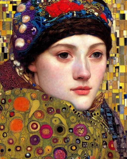 Image similar to a close up of beautiful wearing a balaclava surrounded by colourful intricate patterns, by gustave klimt edgar maxence and caravaggio and michael whelan, intricate painting, hyper realistic, extremely detailed and beautiful aesthetic face, 8 k resolution