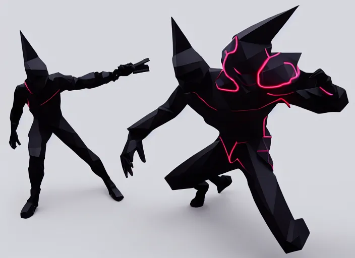 Image similar to low poly model of a neon ninja in an epic battle with a demon, sci-fi, cinematic, 12k, unreal engine