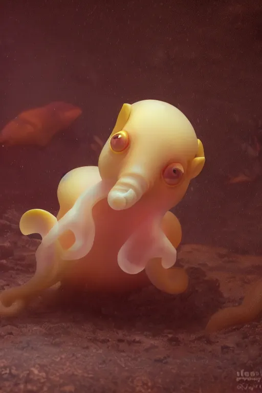 Image similar to cute baby Dumbo octopus, dramatic lighting, cinematic, establishing shot, extremely high detail, foto realistic, cinematic lighting, post processed, concept art, high details, cinematic, 8k resolution, beautiful detailed, photorealistic, digital painting, artstation, concept art, smooth, sharp focus, artstation trending, octane render, unreal engine