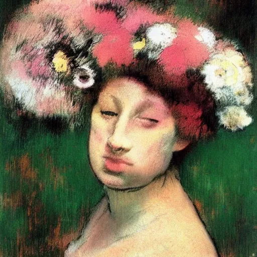 Image similar to Woman , in flowers on her face, Edgar Degas style