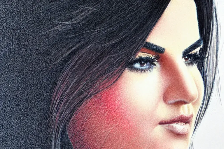 Prompt: inquisitive look in her eyes, Maite Perroni close-up portrait looking straight on, complex artistic color pencil sketch illustration, full detail, gentle shadowing, fully immersive reflections and particle effects, chromatic aberration.