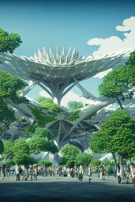 Image similar to expo 6 7 pavillion, solarpunk, studio ghibli, jean - baptiste monge, octane render, 4 k, symmetry