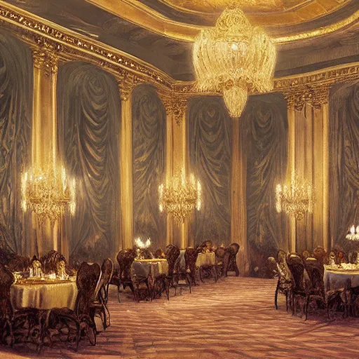 Prompt: opulent anglocore ballroom with tall ceilings, overflowing feast buffet table, gentleman's club lounge, french provincial furniture, incandescent lighting, fancy drapery on furniture, palace, victorian, rococo, french, english, monarchy, by Greg Rutkowski