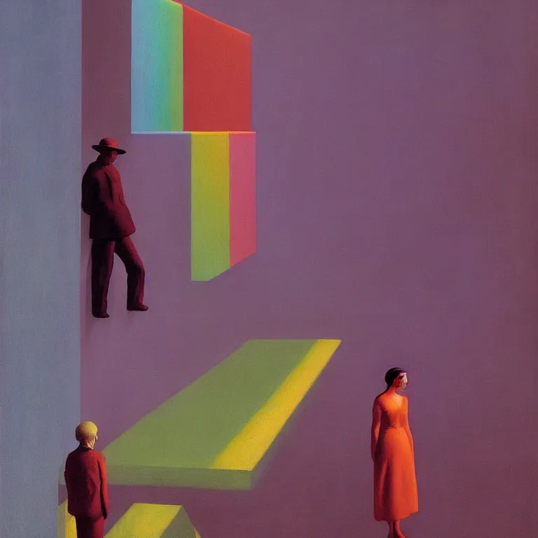 Image similar to portrait rainbow people, Edward Hopper and James Gilleard, Zdzislaw Beksinski, highly detailed