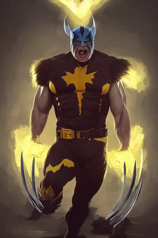 Image similar to Boris Johnson as Wolverine, claws are up, yellow X-man costume, portrait, masculine figure, highly detailed, digital painting, artstation, concept art, smooth, sharp focus, illustration, cinematic lighting, art by artgerm and greg rutkowski and alphonse mucha