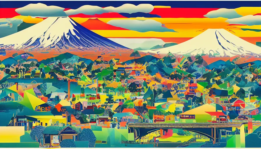 Prompt: award winning graphic design poster, cutouts constructing an contemporary art depicting a lone mount fuji and hills, rural splendor, and bullet train, isolated on white, and bountiful crafts, local foods, edgy and eccentric abstract cubist realism, mixed media painting by Leslie David and Lisa Frank for juxtapose magazine