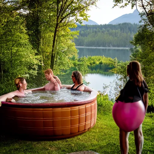 Prompt: people in a hot tub by a cabin in nature, everyone holding a balloon each