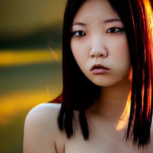 Image similar to beautiful gorgeous curvy Japanese edgy model girl with short hair, she's sad, sunset, 80mm lens, 1.2 aperture, grainy image, close up