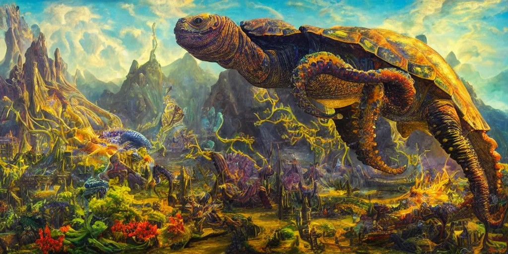 Image similar to fantasy oil painting, great leviathan, cybernetic turtle cephalopod terrapin reptilian pachyderm squid, bella hadid, hybrid, milla jovovich, anubis epic islamic city, natural light, lush plants flowers, spectacular mountains, bright clouds, luminous sky, outer worlds, golden hour, michael cheval, edward hopper, michael whelan, hd