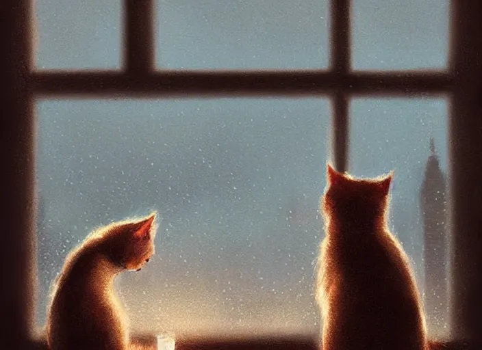 Prompt: cute cat sleeping in front of a window with a view of a rainy city, bokeh lights, dark sky, cozy indoor lighting, greg rutkowski, artstation, loish, alena aenami