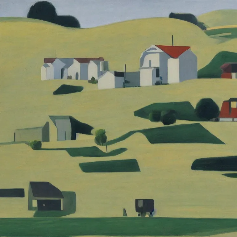 Image similar to dreaming futuristic rural landscape with modern houses, painted by Alex Katz, painted by Edward Hopper, airbrush