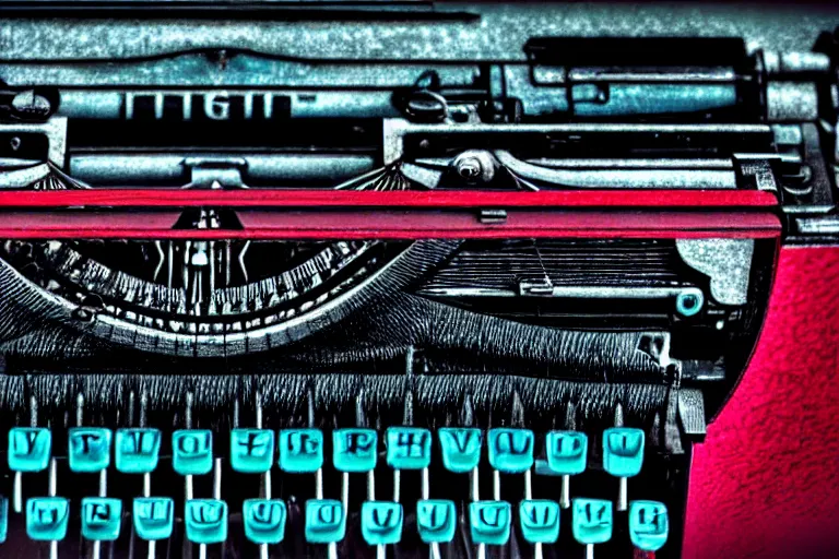 Prompt: typewriters!, in the style of john avon and raul urias and eva widermann, trending on artstation, halfrear lighting closeup view anaglyph filter, bokeh, anime, colored pencil art, belle epoque