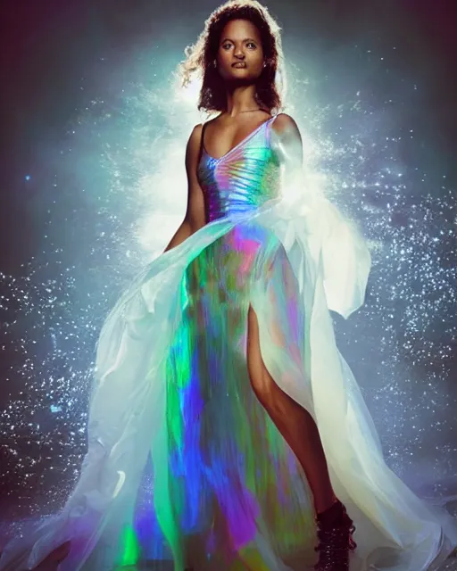 Image similar to annie leibovitz style photoshoot editorial of gugu mbatha - raw as sue storm of the fantastic four, wearing a beautiful iridescent shimmering wedding dress made out of particle effects, force field soap like bubble, hyperreal, magical, translucent, iridescent, shimmering wedding dress