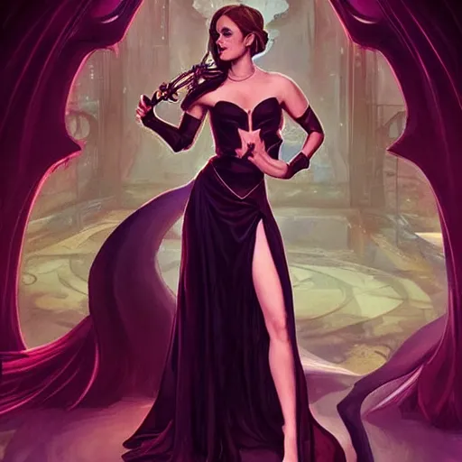 Prompt: emma watson dressed as jessica rabbit holding a glowing one hand and a wand in the other, fantasy, intricate, elegant, highly detailed, digital painting, artstation, concept art, matte, sharp focus, illustration, in the style of magic the gathering, art by artgerm and greg rutkowski and alphonse mucha