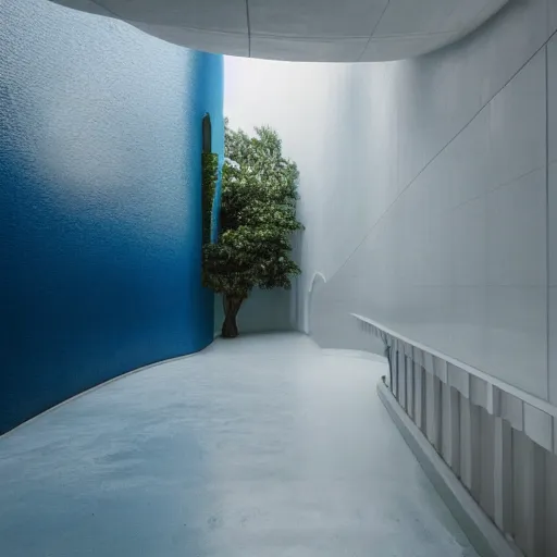 Image similar to a large room with minimalist architecture, partially flooded by blue green water, liminal space, made of all white ceramic tiles, surreal, curving hallways, rounded ceiling, stairs,