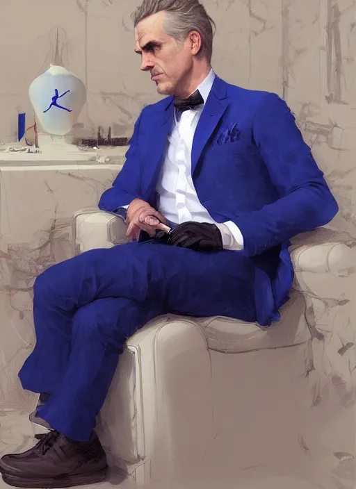 Prompt: portrait of Jordan Peterson in a luxurious royal white and blue style room, sigma male, digital painting, concept art, smooth, sharp focus, illustration, from Metal Gear, by Ruan Jia and Mandy Jurgens and William-Adolphe Bouguereau, Artgerm